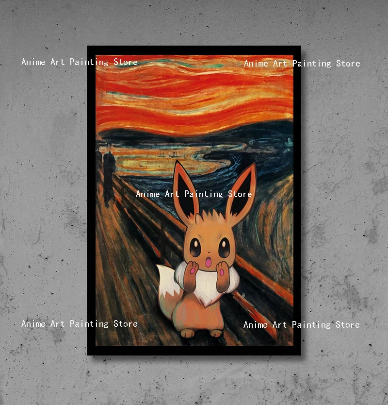

Pokemon Eevee Canvas Painting Edvard Munch The Scream Poster and Print Bedroom Living Room Anime Wall Art Home Decor Cudros