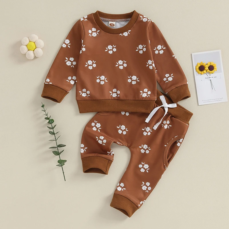 

Комплект осенней одежды для маленьких девочек из 2 предметов, Топ с длинным рукавом и цветочным принтом, штаны с эластичным поясом, повседневный комплект