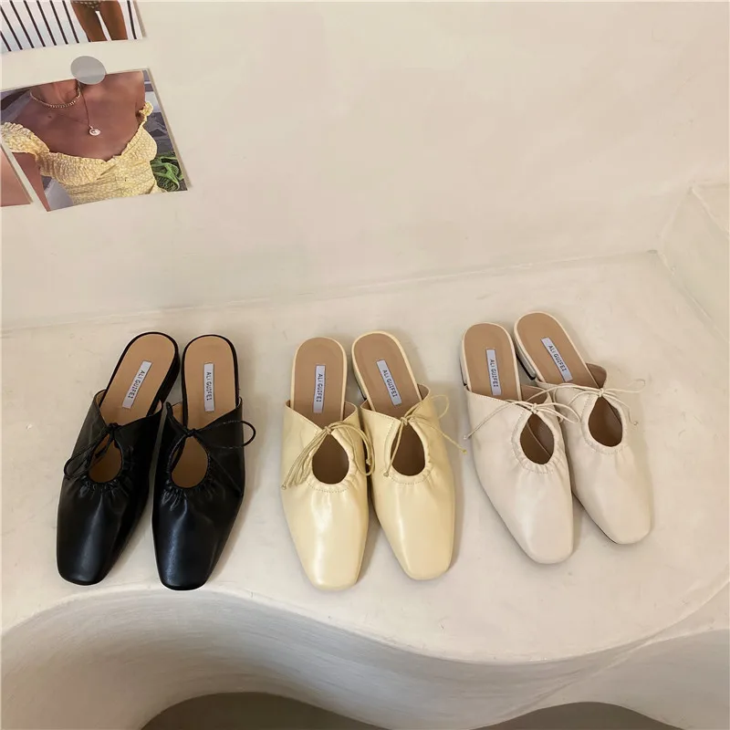 

Slippers Women Summer Slides Fashion Female Shoes Loafers Square Toe Low Soft Luxury 2022 Rubber Flat Cover Basic Casual PU Fabr