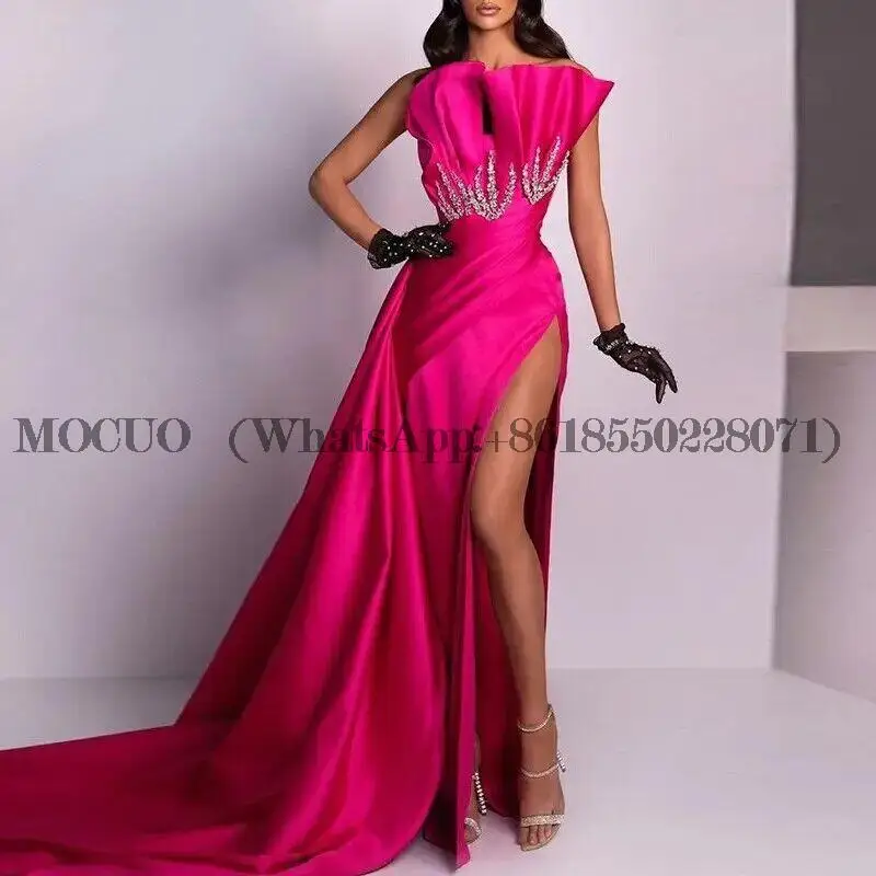 

Розовые вечерние платья с кристаллами, с рюшами, с Боковым Разрезом, Дубай, облегающие официальные платья для выпускного вечера, плиссирова...