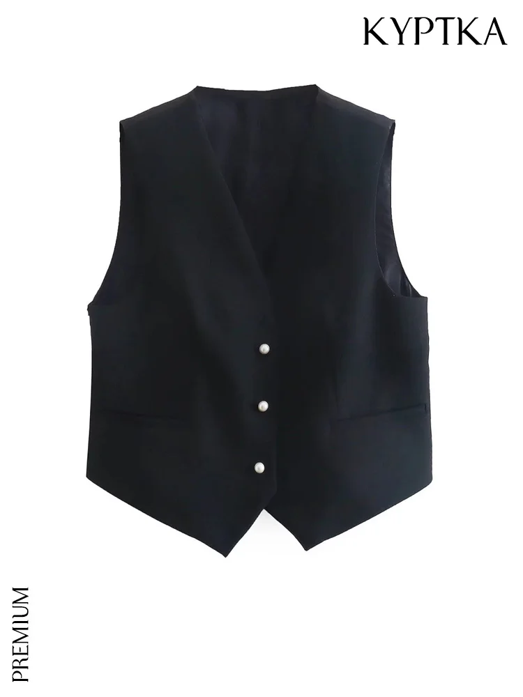 

KYPTKA Women Fashion With Faux Pearl Buttons Waistcoat Vintage V Neck Sleeveless Female Outerwear Chic Tops