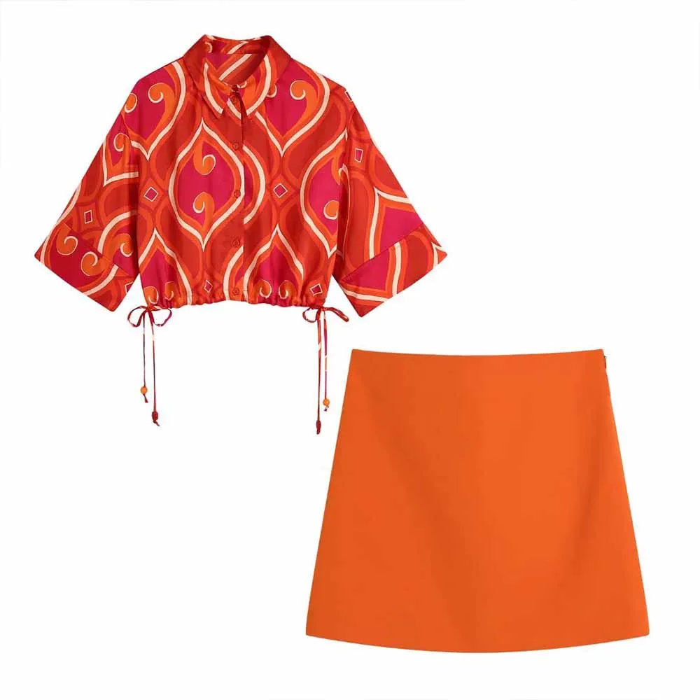 

ZATRHMBM 2022 Women's Spring/Summer New Fashion Printed Shirt + High Waist Skirt set of two fashion pieces for women