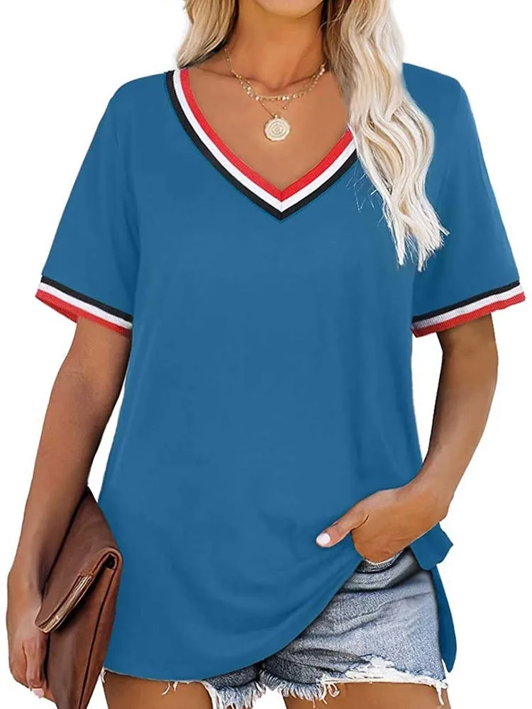 

Летняя футболка с коротким рукавом для женщин с v-образным вырезом размера плюс Уличная Повседневная футболка Топы женские большие футболк...
