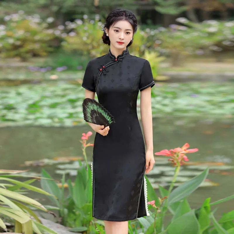 

Sheng Coco Women Black Silk Chinese Cheongsam Dresses Fashion Modern Medium Length Double Chipao Delicate Shanghai Qipao