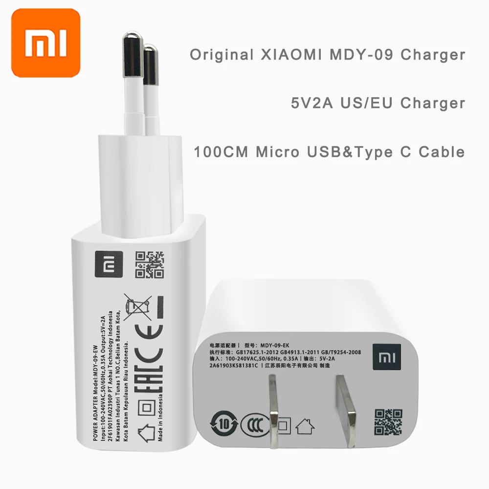 

100% Original XIAOMI 5V2A EU US Micro USB Type C Data Cable USB Wall Charger for MI 2 3 4 Redmi 4 X A 7 Note 4 X 5 A 6 A 7A S2 1