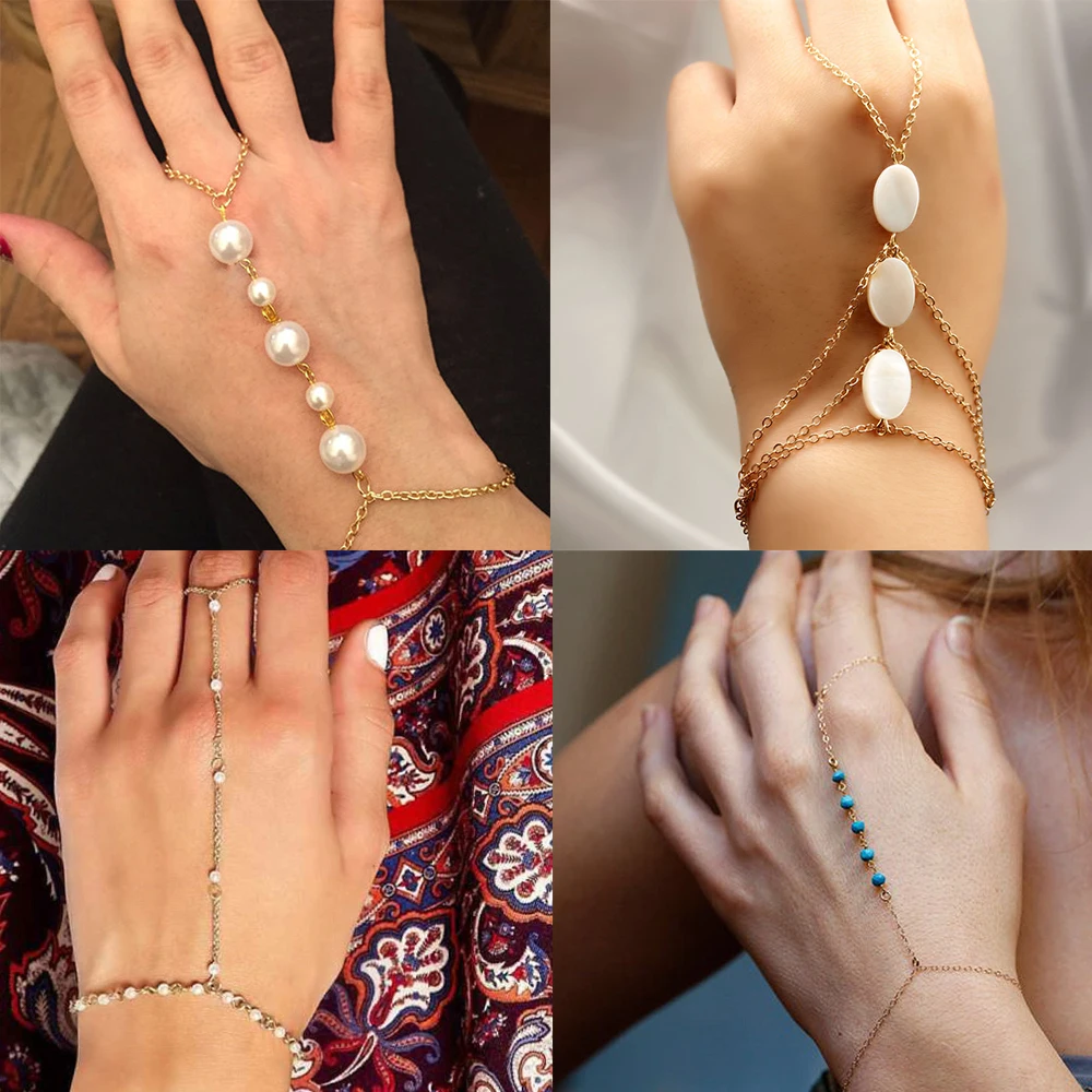 

Trendy Gold Silver Color Long Tassel Pearls Chain Finger Rings for Women Men Fashion Natural Shell Stone Bracelets Gift Jewelry