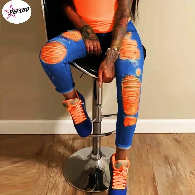 

Orange Print Ripped Jeans For Women Denim Pencil Pants High Waist Skinny Boyfriend Jeans Torn Jeggings Large Size Mom jeans 2022