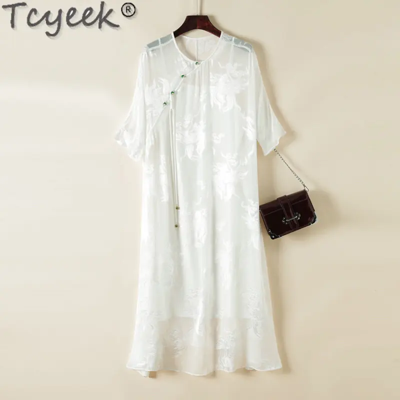 Tcyeek 100% Mulberry Real Silk Clothing 23 Chic and Elegant Woman Dress Spring Summer Midi Womens Dresses Print Vestido Feminino