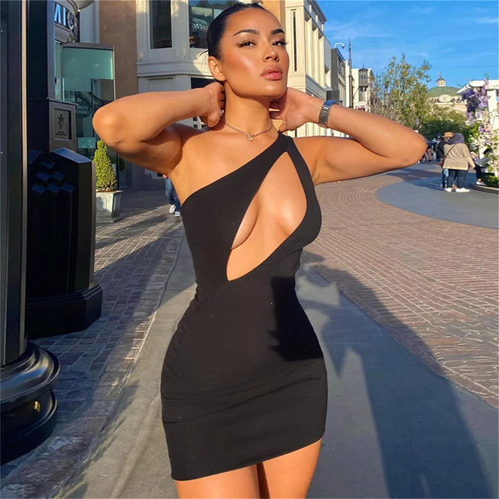 

2022 Summer New Women Low Cut Hollow-Out Mini Dress Sexy One Shoulder Sleeveless Solid Color Bodycon Dress Nightclub