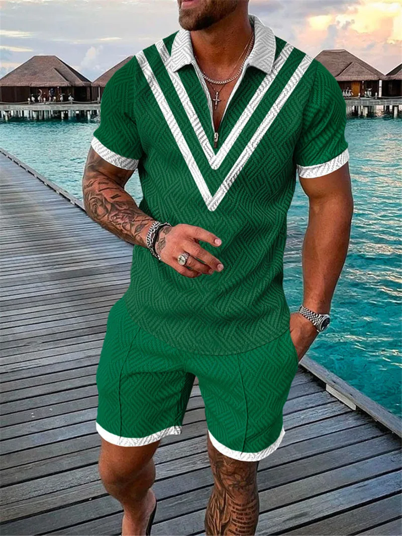 2022 Summer New Men's Polo Short Sleeve Suit Fashion Youth Student Digital Printed Zipper Shirt T-shirt And Shorts Men