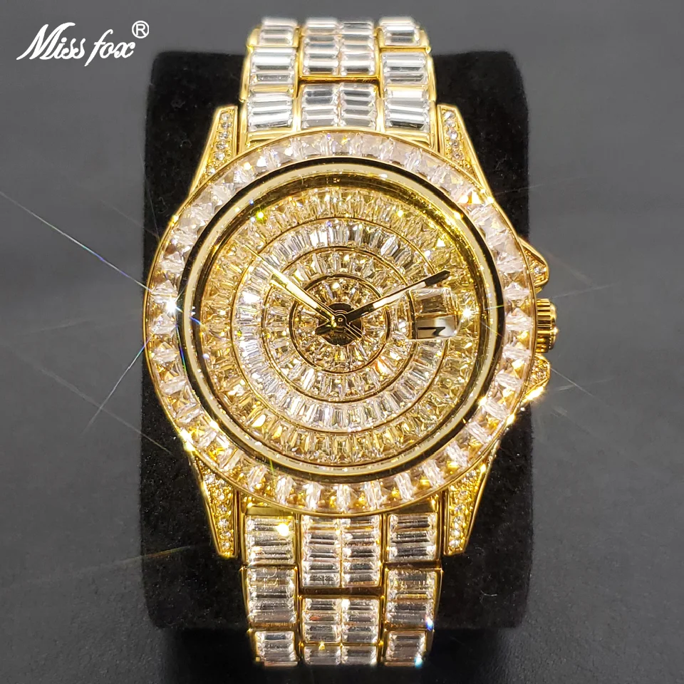 

MISSFOX Ice Out Watches For Men Luxury Handmade Mosaic Diamond Stainless Steel Watch Fashion Hip Hop Waterproof Wristwatch 2022
