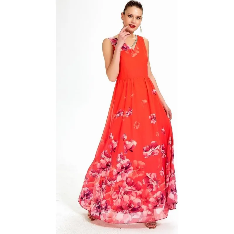 

Colar Chain Accessorized Sleeveless Pattern Long Evening Dress 019-03-4051 Women Summer Dress Casual Long Prom Midi Maxi