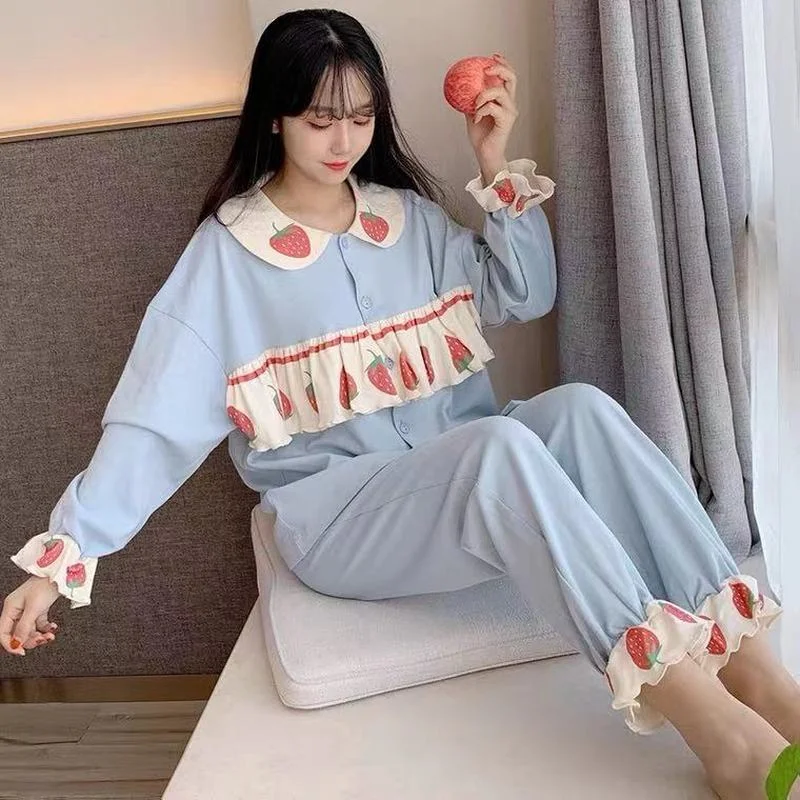 Pajama Set Women Kawaii Sleepwear Doll Collar Ruffles Strawberry Print Pijamas Japanese Teen Girls Home Clothes Cute Pyjamas