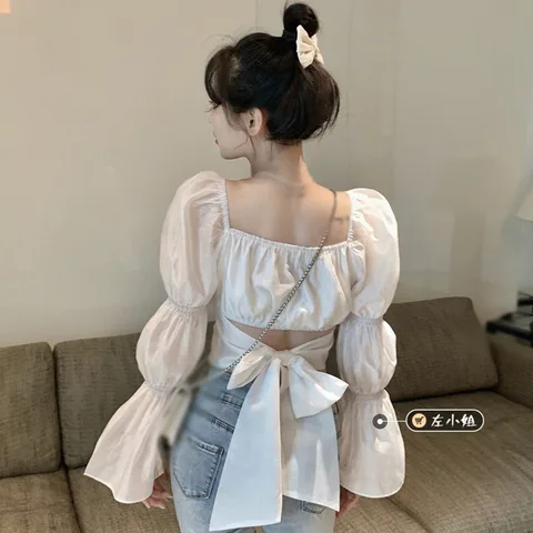 Y2k Summer Vintage Women Elegant Casual Blouses Long Sleeve Backless Bow Tops Korean Fashion Sweey  Shirts Square Collar