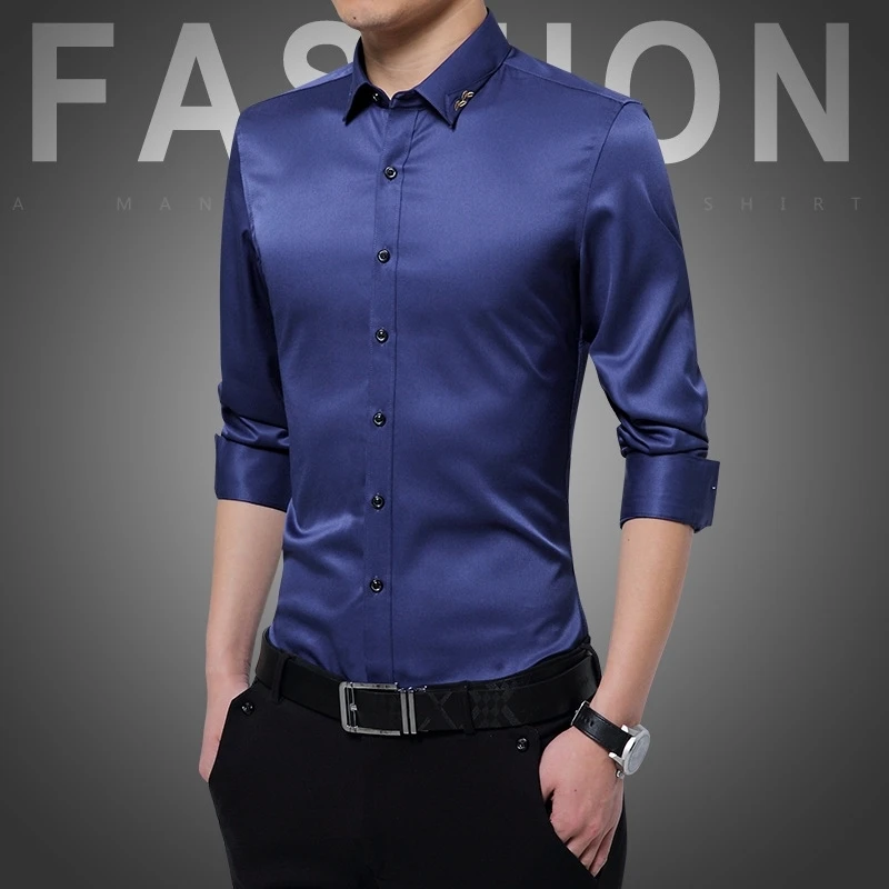 Mattswag Mens Purple Luxury Business Shirts Spring Autumn Breathable Solid Color Tops Casual Slim Fit Fashion Camisa Hombre 5XL