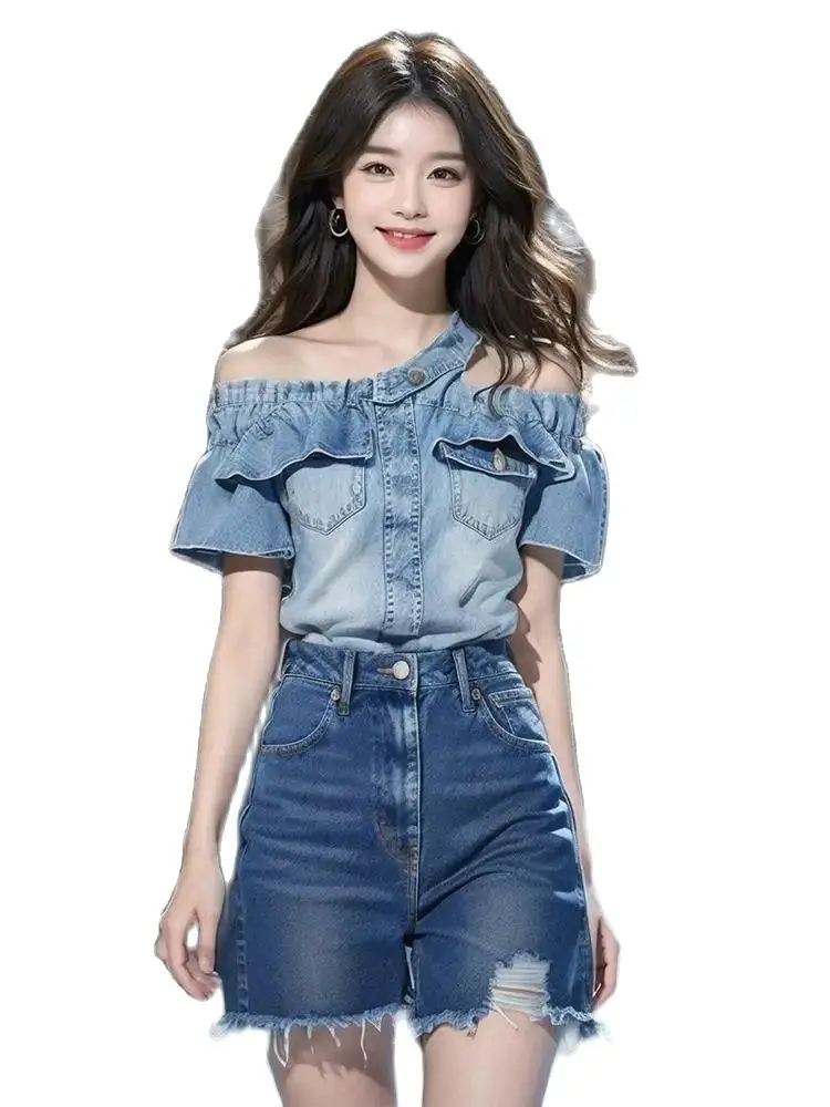 Корейский джинсовый костюм из двух предметов короткие джинсовые шорты с