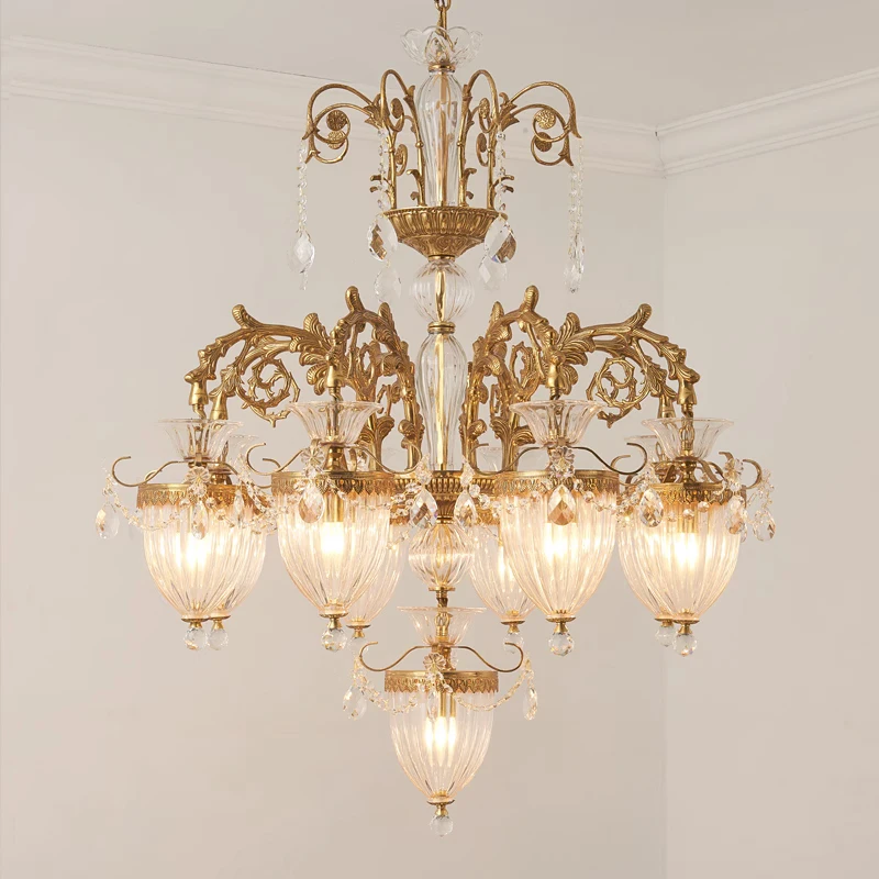 

Французская вилла, лампа для прихожей в гостиной, атмосферная люстра в европейском стиле для гостиницы, освещение лестницы, медная Хрустальная длинная люстра
