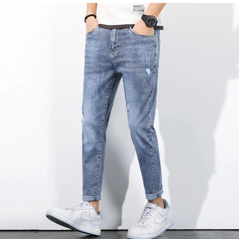 Spring Autumn Jeans Men Streetwear Denim Jogger Pants Men Hole Mid Waist Elastic Breathable Slim Jean Trousers