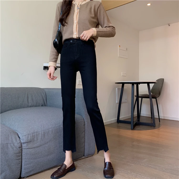 N0555   New high-waist stretch slim-fit straight tube trousers cropped trousers jeans