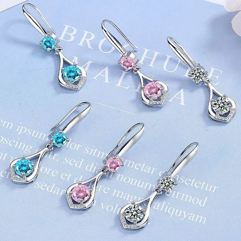 

KOFSAC 2022 New Fashion 925 Sterling Silver Drop Earrings For Women Shiny Elegant Zircon Pink Blue White Water Droplets Earring