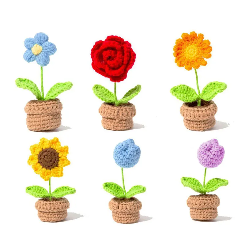 

1PC Creative Gift Knitted Bouquet Hand-woven Knitting Flower Rose Tulips Bouquet Potted Car Decor