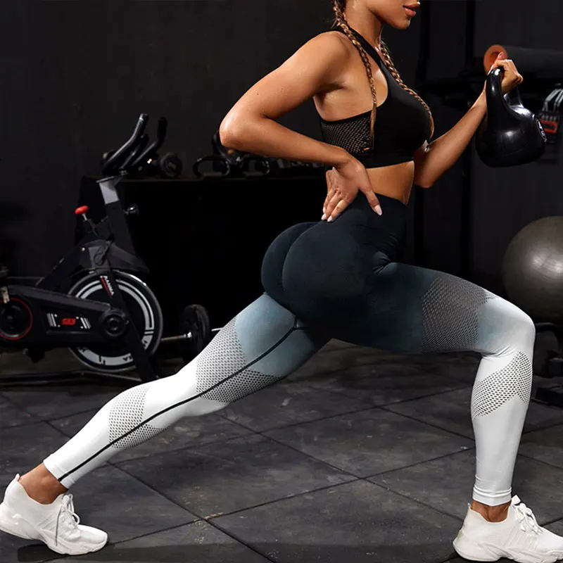 New Gradient Mesh Leggings Hollow Sports Fitness Legging High Waist Butt Lift Yoga Pants Push Up Gym Pant Women Workout Leggings