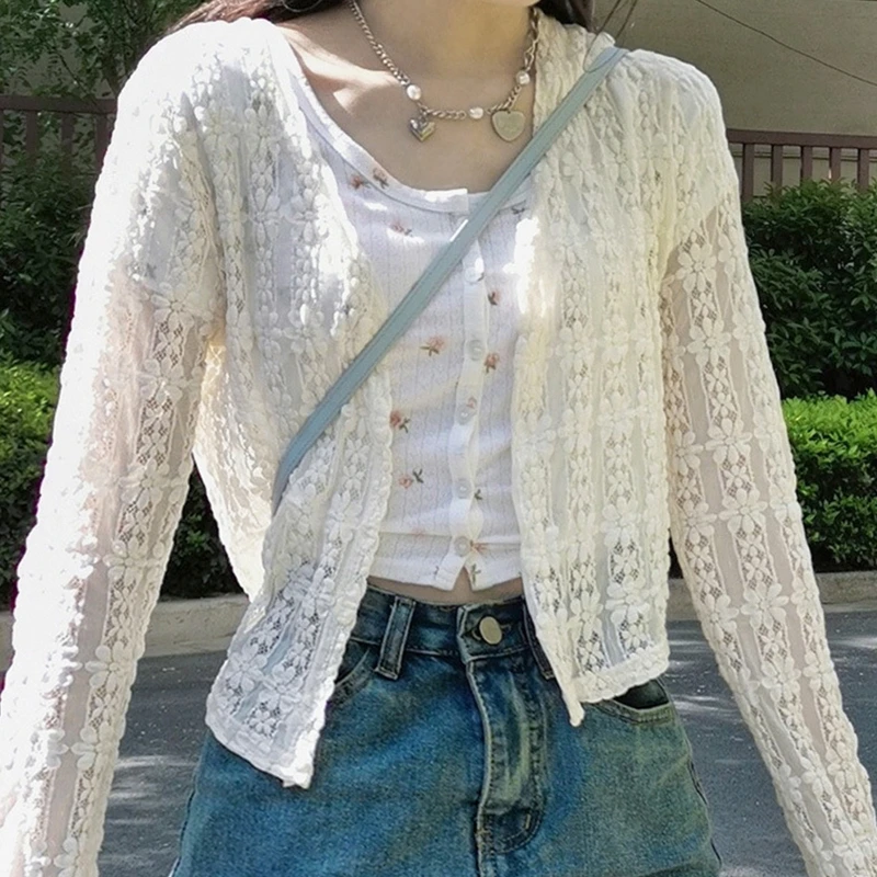 

Ladies Hollow Crop Tops Women's Sun Protection Blouse Long Sleeve Crochet Thin Coat All-match Open Front Tops for Summer