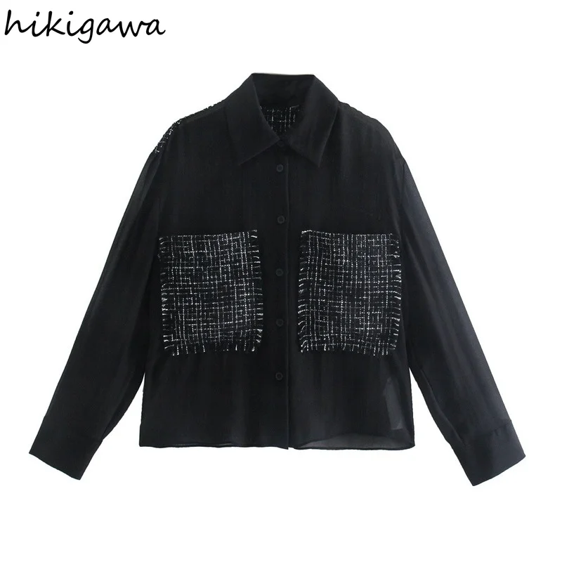 

Hikigawa Women Fashion Patchwork Large Pockets Shirts Casual Turn Down Collar Long Sleeve Streetwear Blouses Female Chic Tops