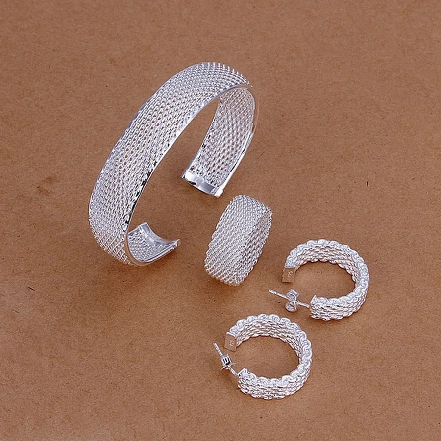 

925 Silver Bangles Stud Earrings Ring Christmas gift Women lady net wedding party fashion Fine jewelry Set