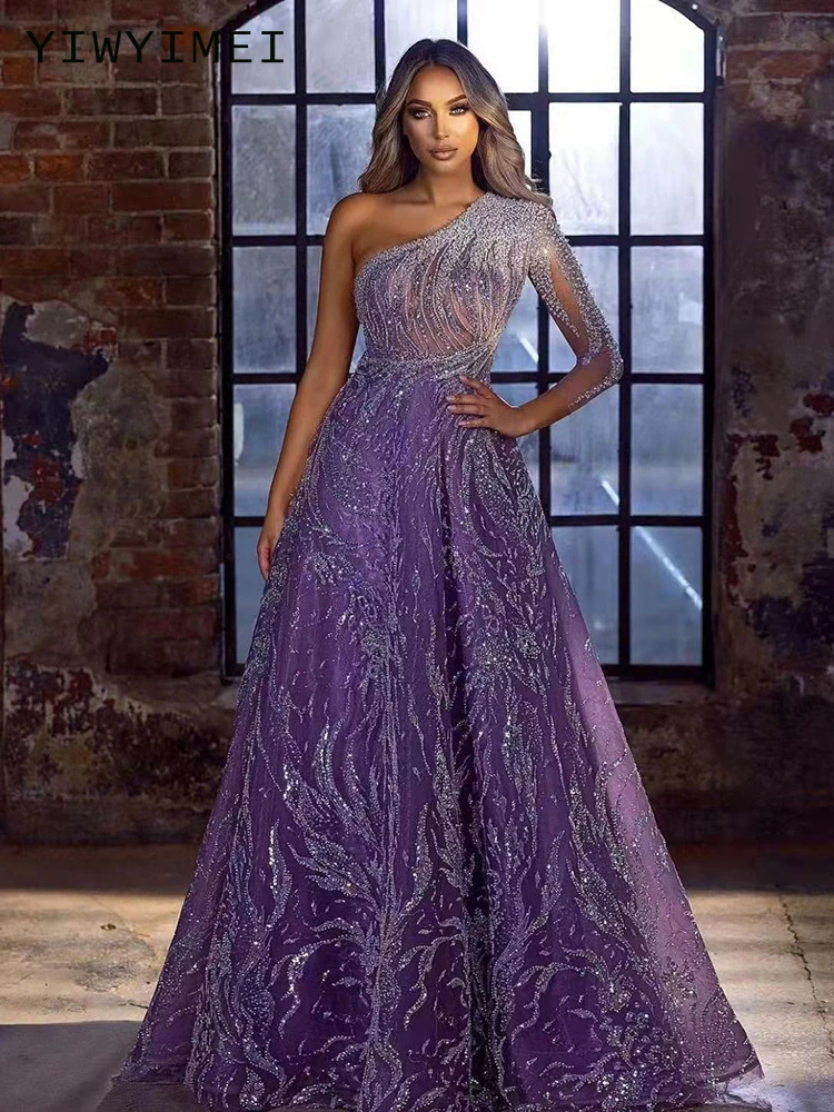 

Платье-макси на одно плечо с блестками, женское вечернее платье, бальное платье, фиолетовое ДРАПИРОВАННОЕ длинное платье