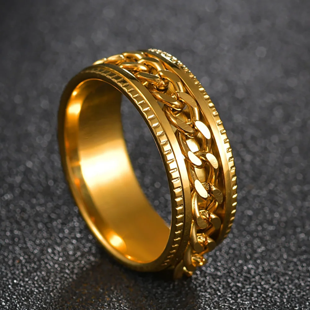 

High Quality Gold Color Spinner Chain Men's Ring Unisex Party Women Birthday Rotatable Finger Rings Gift Stainless Steel Jewelry