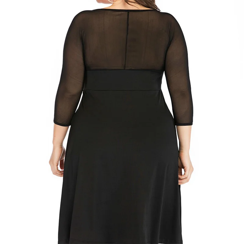 Plus Size Clothes V-Neck Black Net Yarn Patchwork Three Quarter Sleeve Elegant Pleated Spring Summer Women Knee-Length Dresses