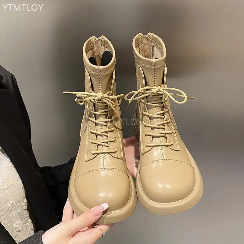 

Женские ботинки на толстой подошве, коричневые ботильоны с круглым носком, на шнуровке, пикантные туфли-лодочки на квадратном каблуке, осен...