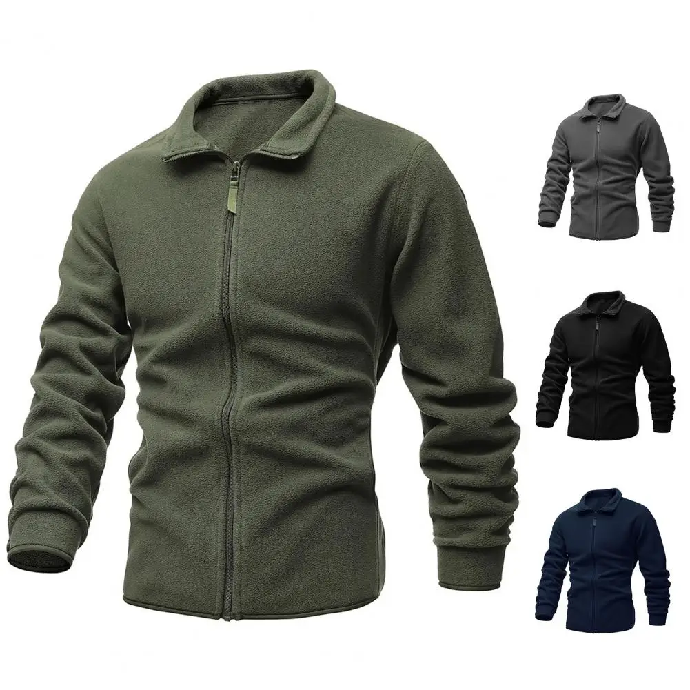 

Stylish Solid Color Jacket Autumn Winter Men Jacket Solid Color Zipper Lapel Long Sleeve Coat Double-Faced Fleece