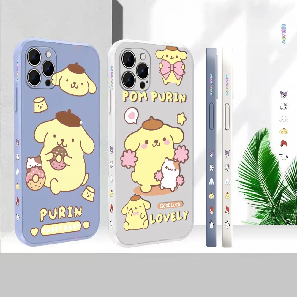 

Cartoon Pom Pom Purin Phone Case For Apple iPhone 14 13 12 11 Pro Max Mini 7 8 X XS XR SE Plus Colour Liquid Silicone Cover Capa