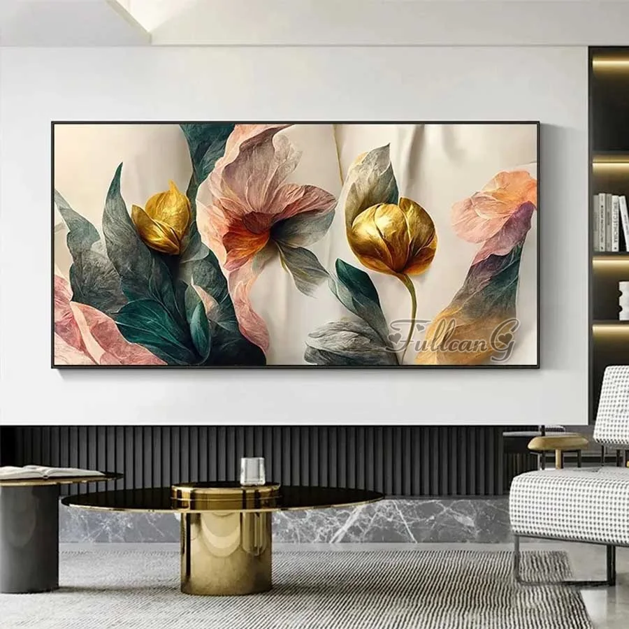 

Diamond Painting New Collection Large Size Vintage Flowers Full Embroidery Rhinestone Golden Floral Picture Wall Decor AA4561