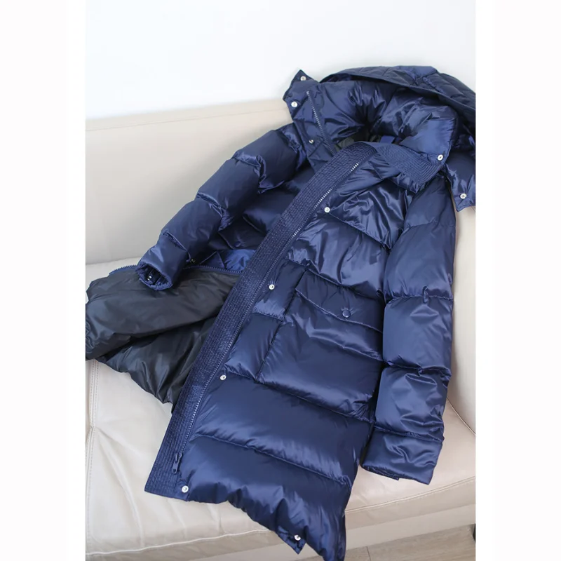 Down Jacket Klein Blue Detachable Hat Drawstring Waist Thickening Goose Down Long Coat Women