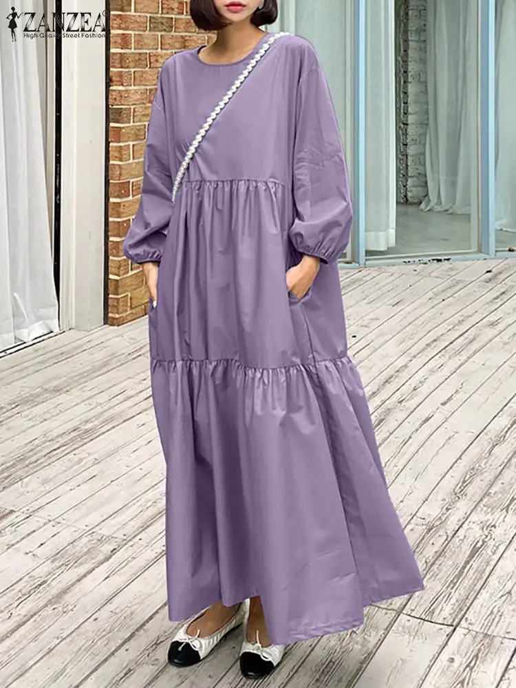 

ZANZEA Bohemian 2022 Ruffle Patchwork Puff Sleeve Maxi Dress Women Dresses Vestidos Oversized Casual Lady Solid Baggy Sundress