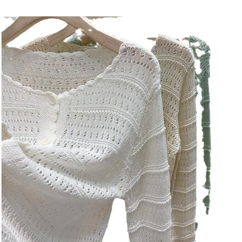 Новый сезон защита от солнца полый вязаный кардиган укороченный сетчатый топ с