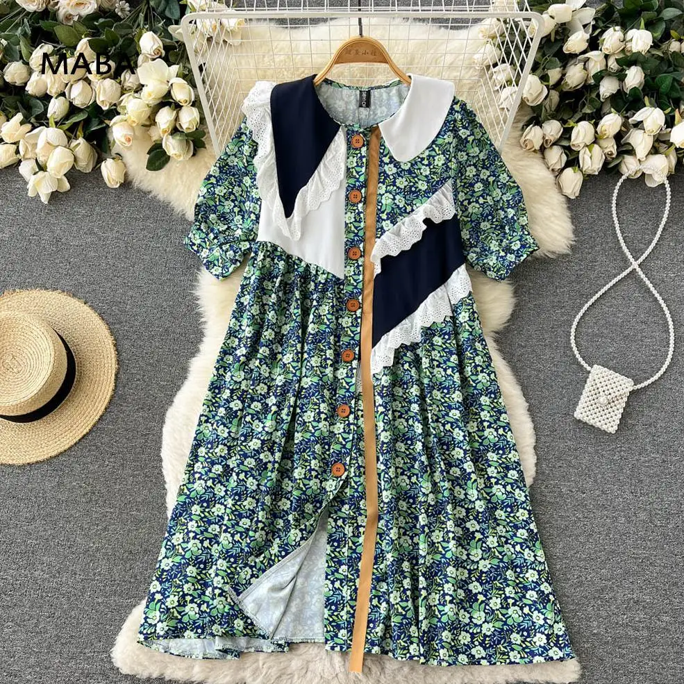 

Korean Kawaii Dress Women 2022 New Summer Peter Pan Collar Short Sleeve Loose Retro Floral Patchwork Designer Dress Vestidos