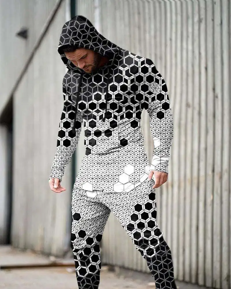 Men's Hooded Pullover Sweatpants Long-sleeved Trousers Two-piece Set Casual Plaid Sweatshirt Fashion Tracksuit  Jogging Suit