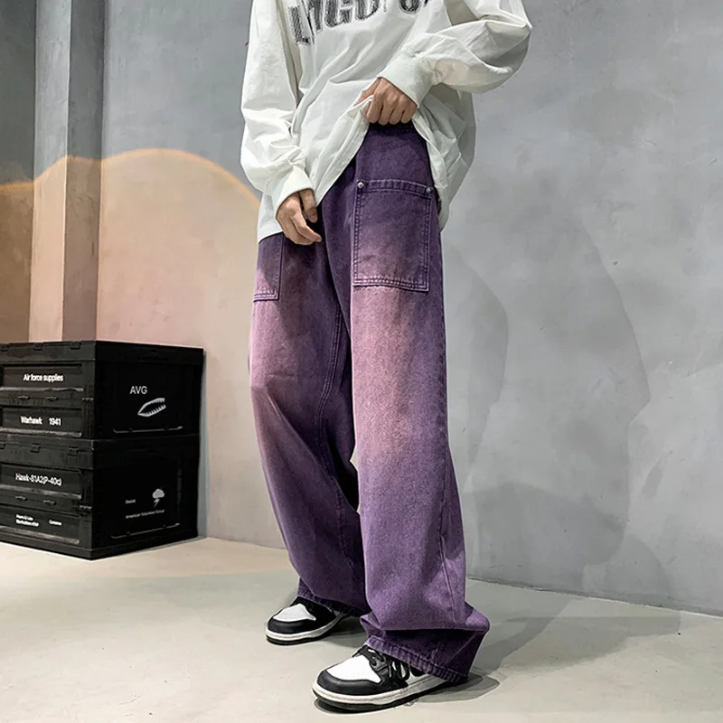 Purple Wide Jeans for Men Ins Fashion Hip Hop Denim Trousers Vintage Casual Pants Streetwear Oversized Bottoms Male Y2K Clothes