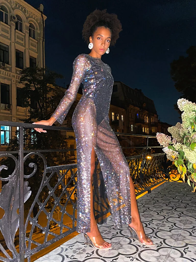 

Женское прозрачное длинное платье, блестящее облегающее платье с длинным рукавом и бриллиантами для празднования ночного клуба, высокое качество