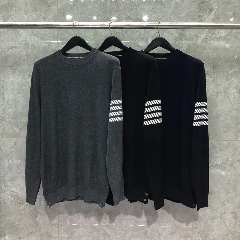 2023 Fashion Brand TB Sweaters Men Loose O-Neck Pullovers Clothing Waffle Striped Wool Cotton Solid Autumn Winter Casual Coat