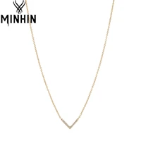 minhin love v letter chain necklace full crystal gold color pendant necklaces for women couple neck choker wedding jewelry