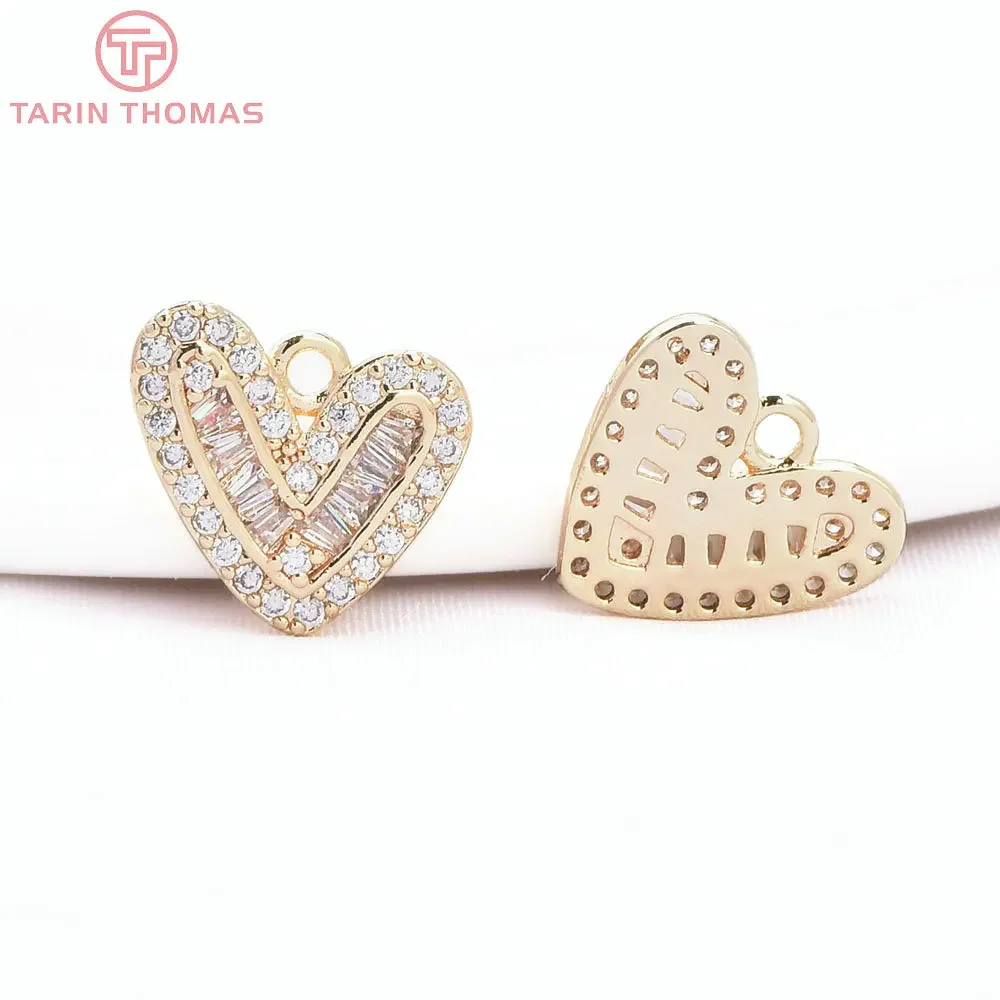 (8707) 4 шт. 12x11 мм латунь 24K золотого цвета с цирконом подвески в форме сердца Высокое