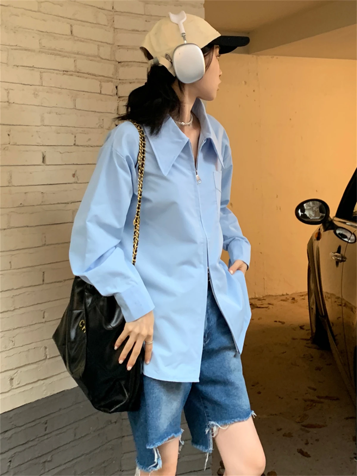 

Женская белая рубашка-поло на молнии, с длинным рукавом