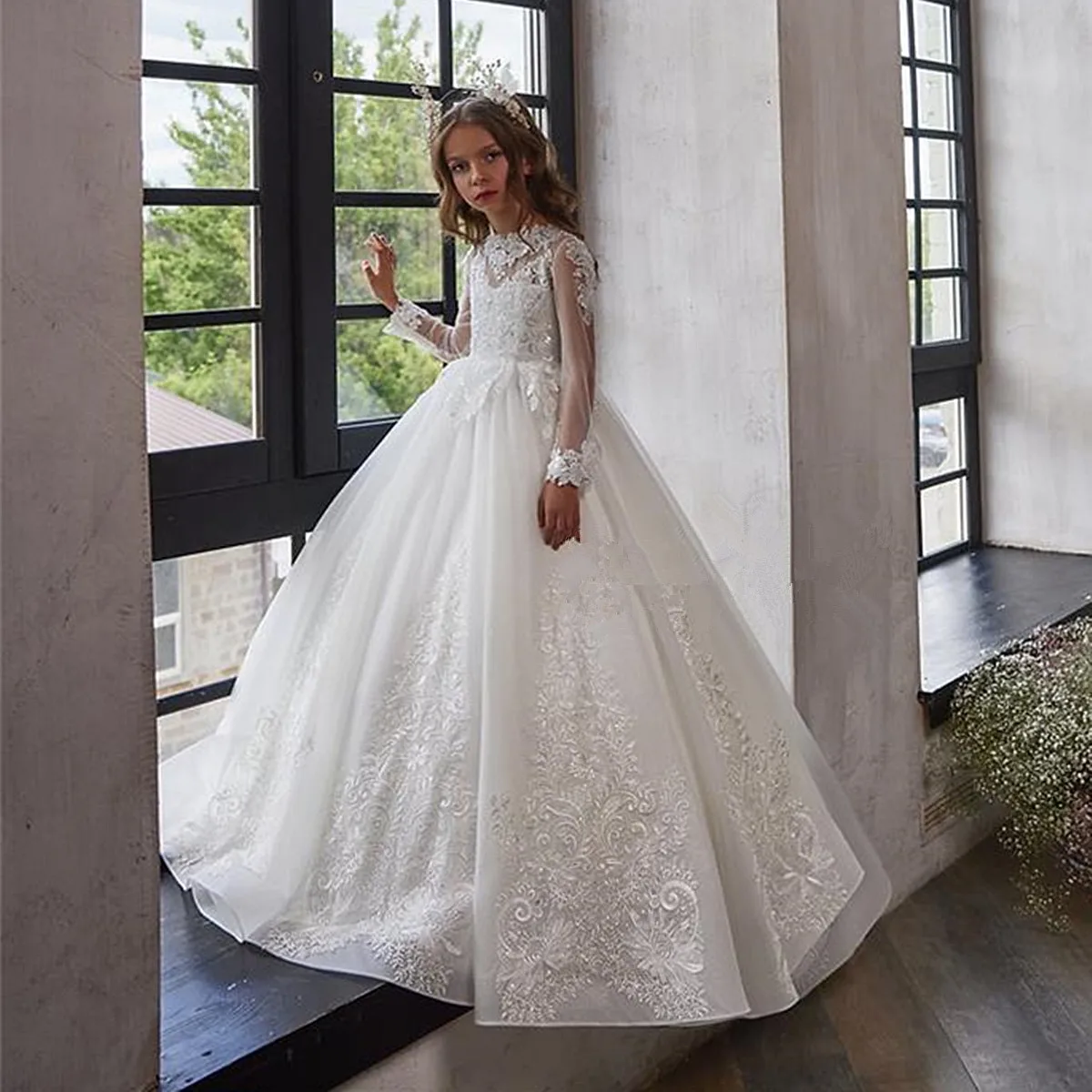 

A +, роскошные кружевные платья с цветочным принтом для девочек, платья с длинным рукавом и аппликацией из бисера для маленьких детей на день рождения, платье для первого причастия