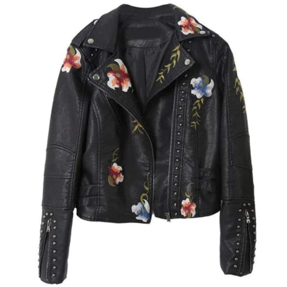 

Cuero Short Moto Jackets Pu Floral Leather Jacket Embroidery Rivet Long Sleeve Turn Down Oblique Zipper Woman Bikers Winter Coat