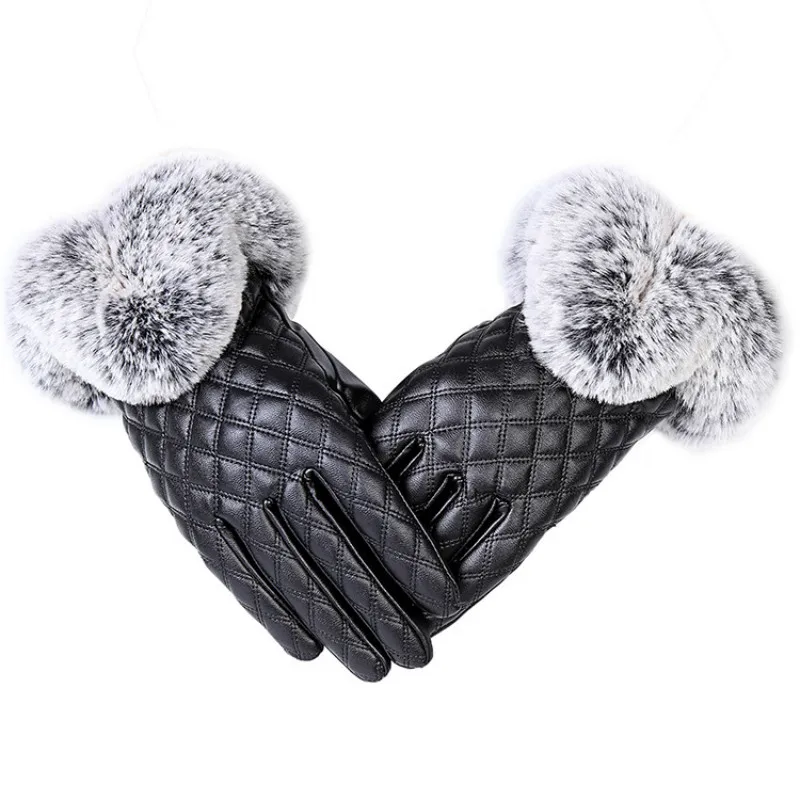 

Fashion Women Warm Thick Winter Gloves Leather Elegant Girls Brand Mittens Free Size With Rabbit Fur Female Gloves